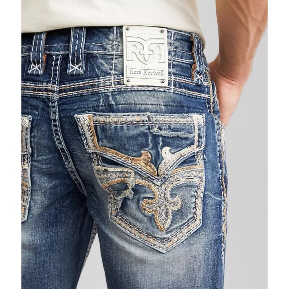 NWOT ROCK REVIVAL MEN'S JEANS 36 Garrick Slim Straight Stretch DESTROYED - Picture 4 of 16